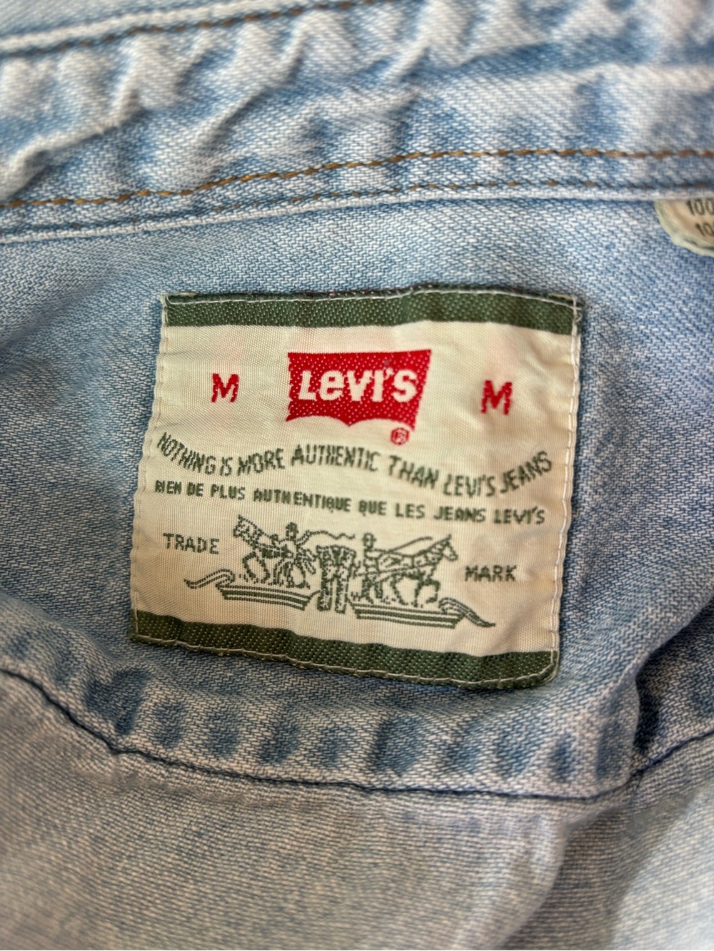 RARE Vintage 90s Levis Light Blue Denim Button Shirt- Two Horse Green Stitch Tag